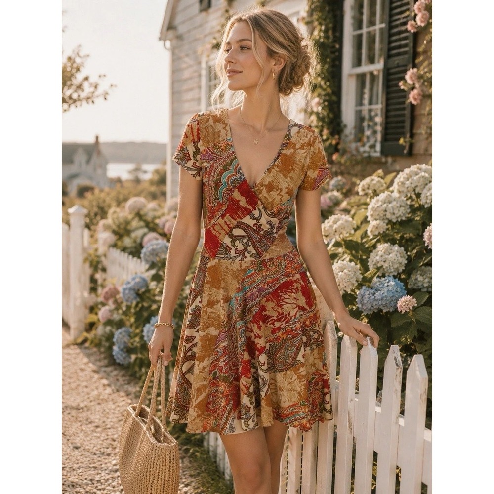 Lauren Ralph Lauren Petite PM Paisley Patchwork Faux Wrap Mini Dress Red Brown